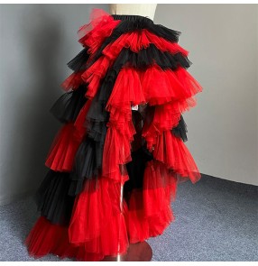 Women girls Black and red gradient small tail long trailing tuxedo skirt jazz dance Princess Beach photo mesh skirt fluffy cake skirts